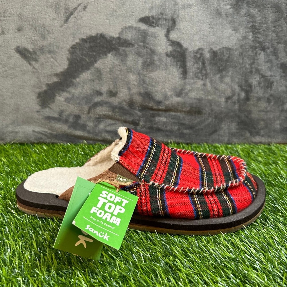 Sanuk You Got My Back ST Plaid Chill Slipper Mens Size 8 Crimson Faux Shearling